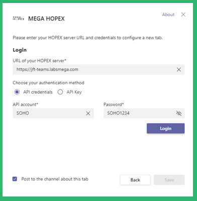 MEGA HOPEX configuration page URL and Login information