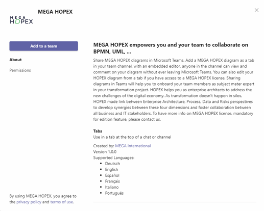 MEGA HOPEX installation page in MS Teams